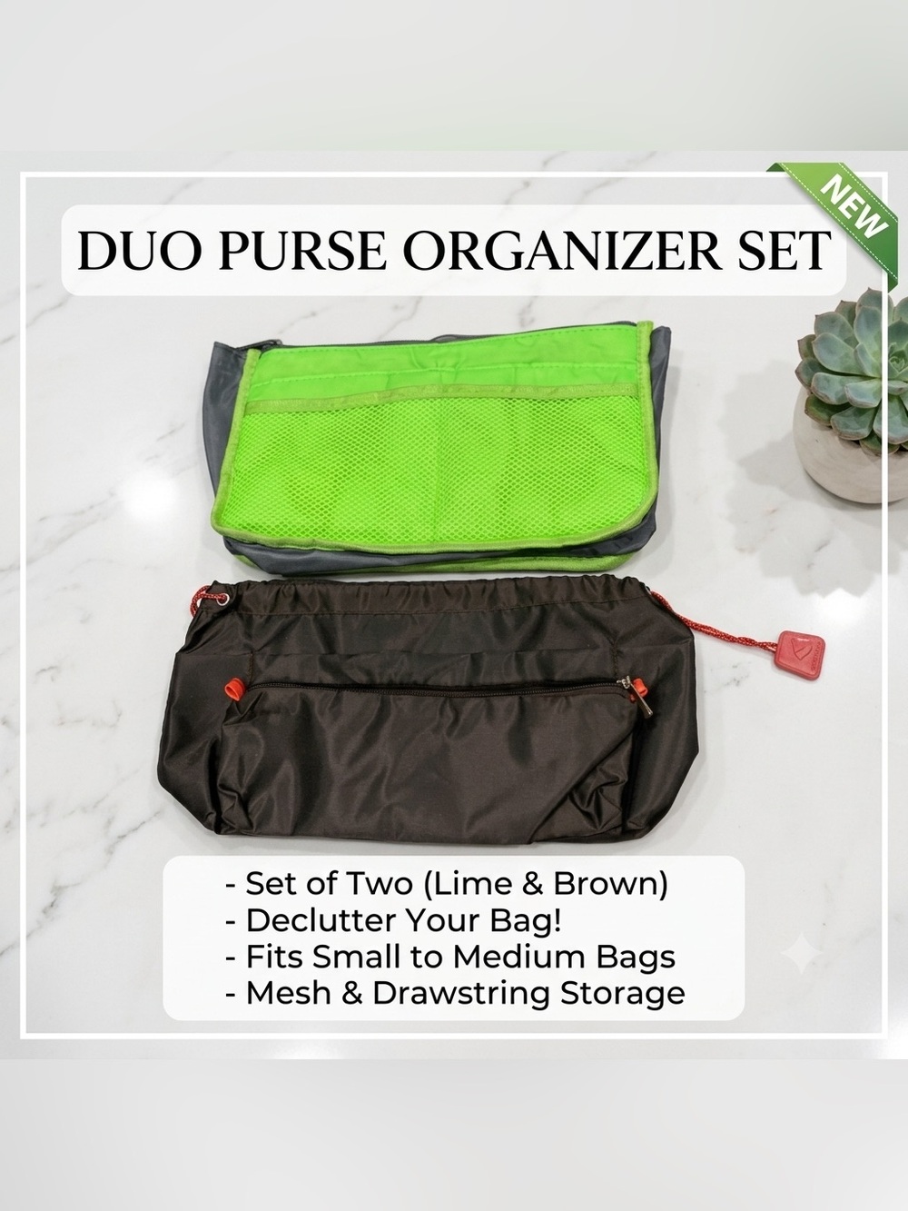 MIB Bag Organizer Insert Set of 2 - Dark Brown Pouch & Lime Green Liner